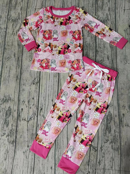 (Custom Design Preorder MOQ 5) Singer Dolly Flowers Pink Print Girls Fall Pajamas Clothes Set