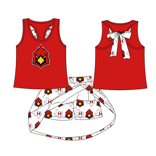 (Custom Design Preorder MOQ 5) Team's Bird Red Top Skirts Shorts Girls Clothes Sets