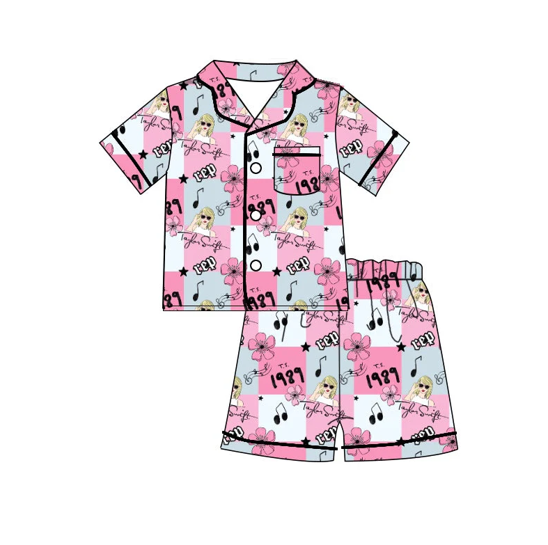 (Custom Design Preorder MOQ 5) Singer Swiftie Flwoers Print Girls Summer Pajamas Clothes Set