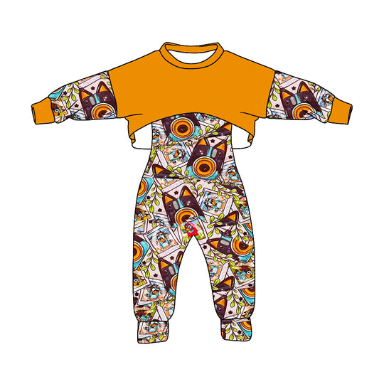 (Custom Design Preorder MOQ 5) Cartoon Dog Print Orange Top Jumpsuits Girls Fall Clothes Set