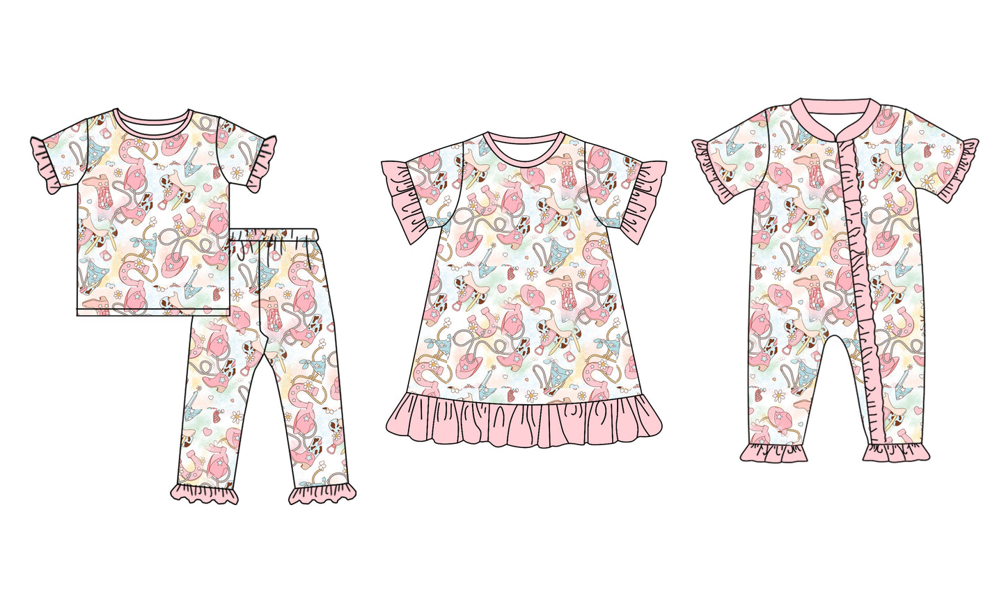 5.1(Custom Design Preorder MOQ 5 Each Design) Boots Hat Western Pink Print Girls Matching Clothes Sisters Wear