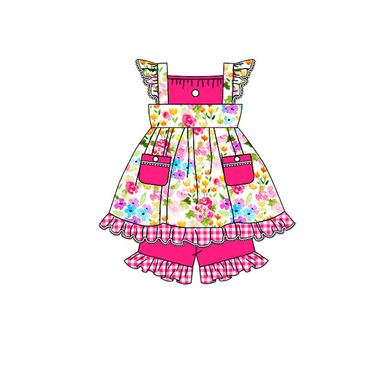 (Custom Design Preorder MOQ 5) Colorful Flowers Print Pockets Top Ruffle Shorts Girls Summer Clothes Set