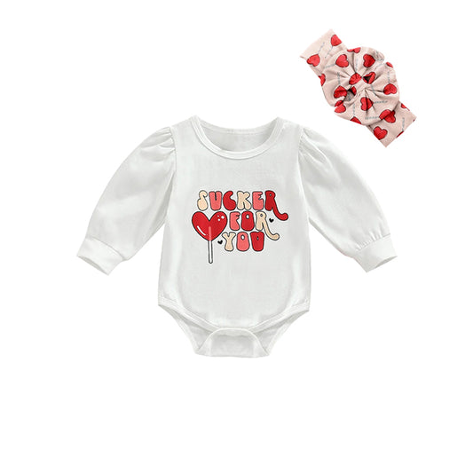 (Custom Design MOQ 5) Sucker For You Heart Print Baby Girls Valentine's Romper