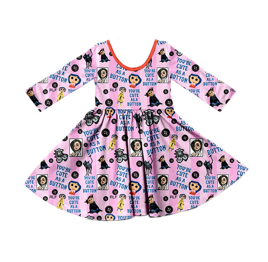 (Custom Design Preorder MOQ 5) Cartoon Coraline Pink Print Girls Knee Length Fall Dress