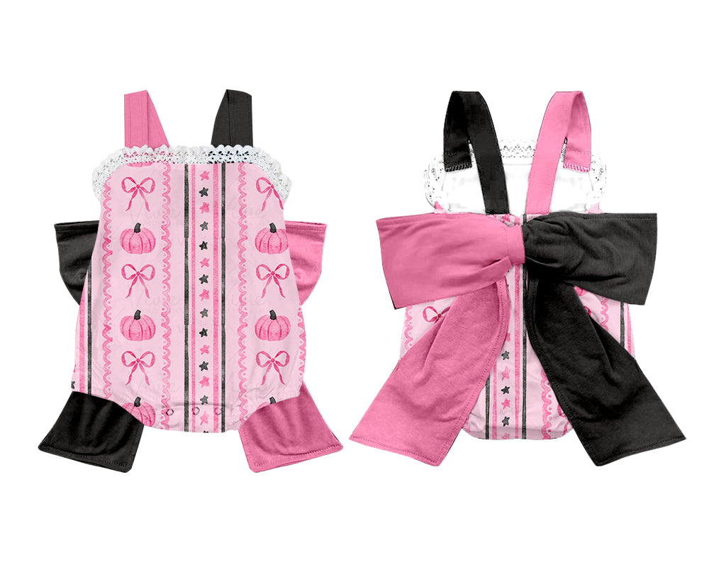 (Custom Design Preorder MOQ 5) Pink Pumpkin Print Baby Girls Fall Romper Big Bow On the Back