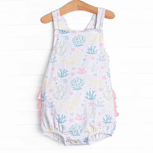 (Custom Design Preorder MOQ 5) Seaweed Print Baby Girls Bubble Romper