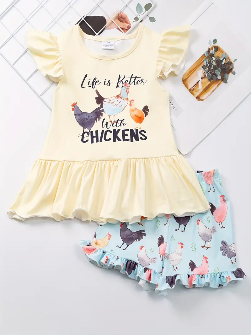 (Custom Design Preorder MOQ 5) Chichen Print Girls Summer Clothes Set