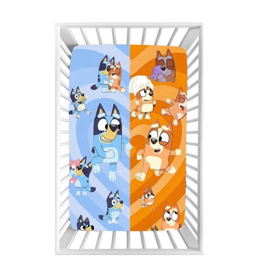 (Custom Design Preorder MOQ 5) Cartoon Dogs Blue Orange Heart Print Baby Kids Bed Sheets