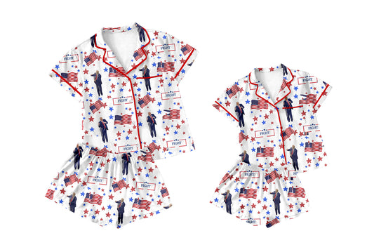11.11(Custom Design Preorder MOQ 5) Trump Flag Stars Print Girls Summer Pajamas Clothes Set
