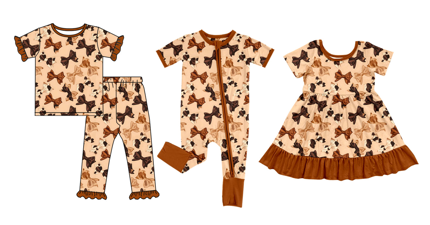 12.1(Custom Design Preorder MOQ 5 Each Design) Brown Bows Print Girls Western Pajamas Matching Clothes Sisters Wear