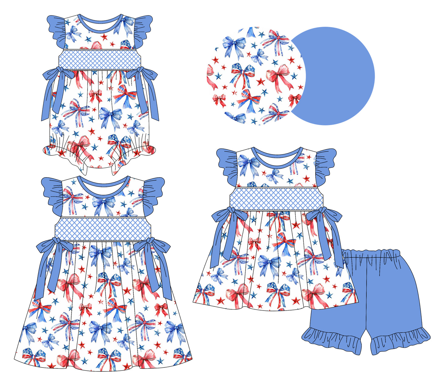 3.7(Custom Design Preorder MOQ 5 Each Design) Red Blue Bows Print Girls 4th of July Matching Clothes Sisters Wear