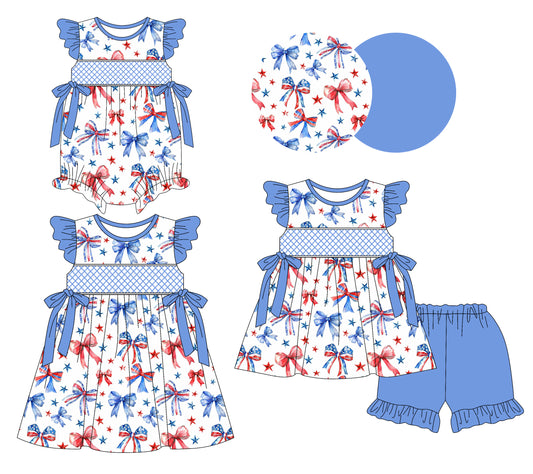 3.7(Custom Design Preorder MOQ 5 Each Design) Red Blue Bows Print Girls 4th of July Matching Clothes Sisters Wear