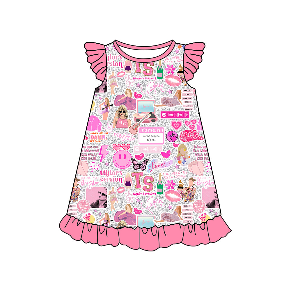 (Custom Design Preorder MOQ 5) Pink Singer Print Girls Summer Knee Length Dress
