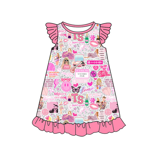 (Custom Design Preorder MOQ 5) Pink Singer Print Girls Summer Knee Length Dress