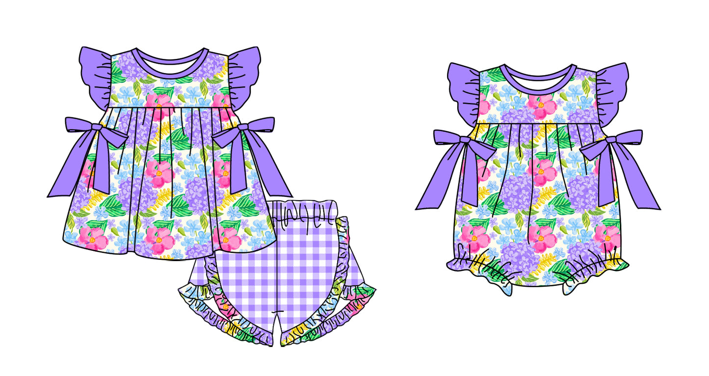 11.12(Custom Design Preorder MOQ 5 Each Design) Hydrangea Purple Print Girls Summer Matching Clothes Sisters Wear