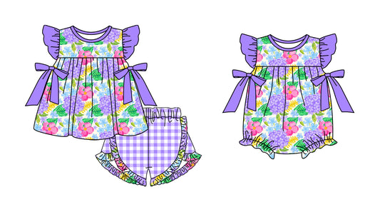 11.12(Custom Design Preorder MOQ 5 Each Design) Hydrangea Purple Print Girls Summer Matching Clothes Sisters Wear