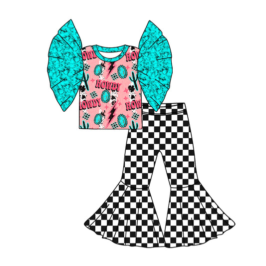 2.24(Custom Design Preorder MOQ 5) Howdy Turquoise Top Black Plaid Bell Pants Girls Western Clothes Set