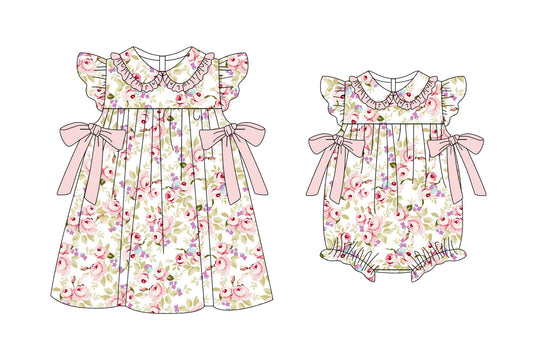 11.6(Custom Design Preorder MOQ 5 Each Design) Pink Flowers Print Girls Summer Matching Clothes Sisters Wear