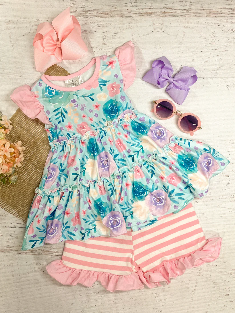 (Custom Design Preorder MOQ 5) Flowers Tunic Top Pink Stripes Shorts Girls Summer Clothes Set