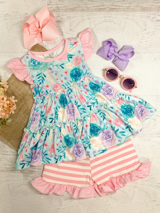 (Custom Design Preorder MOQ 5) Flowers Tunic Top Pink Stripes Shorts Girls Summer Clothes Set