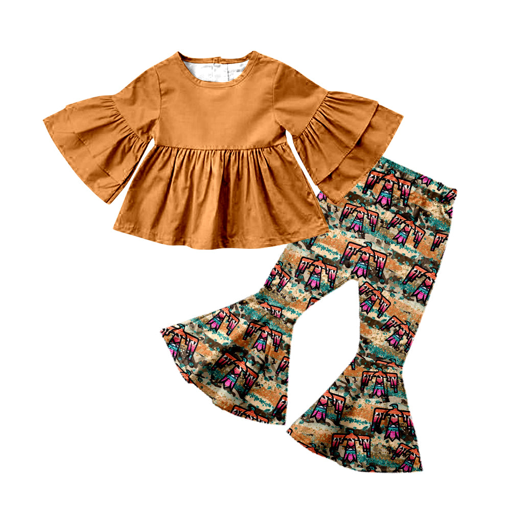 (Custom Design MOQ 5)  Borwn Western Bird Print Girls Clothes Set