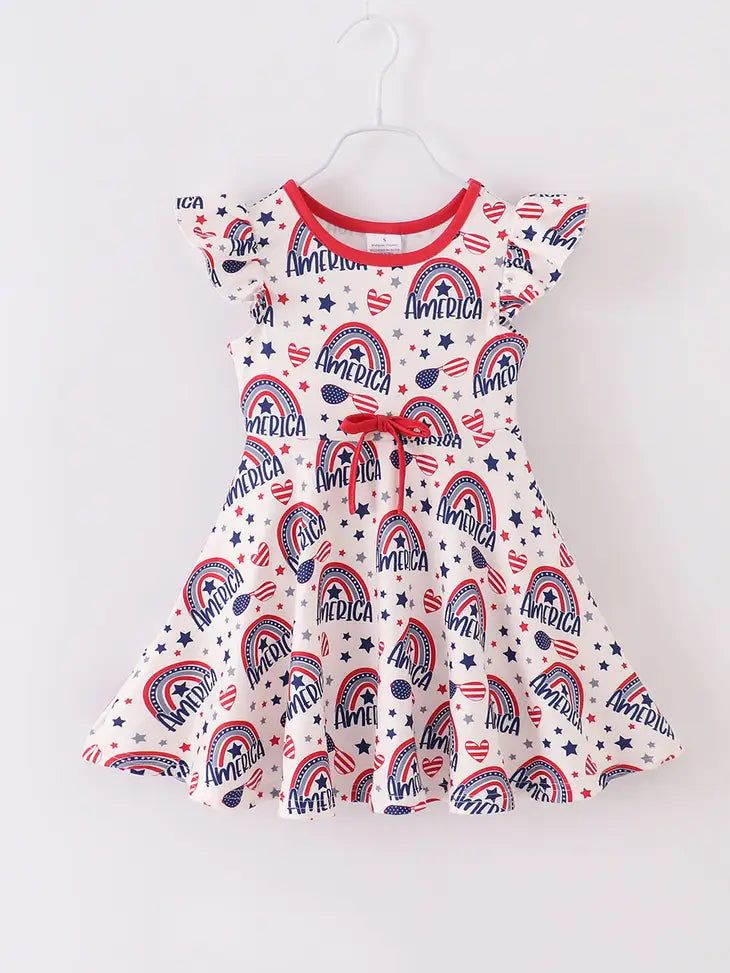 (Custom Design Preorder MOQ 5)  America Rainbow Print Girls Knee Length 4th of July Dress