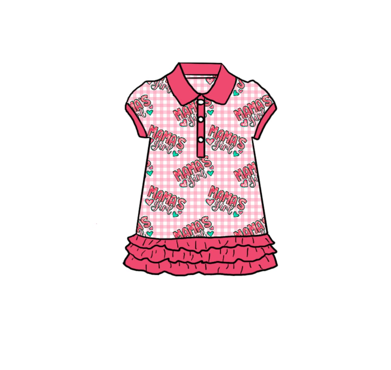 3.10(Custom Design Preorder MOQ 5) MAMA'S GIRL Pink Plaid Print Ruffles Girls Summer Knee Length Dress
