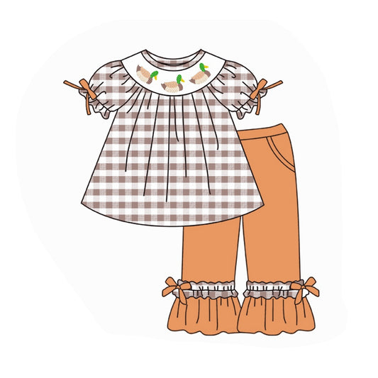 (Custom Design MOQ 5) Duck Plaid Print Girls Clothes Set