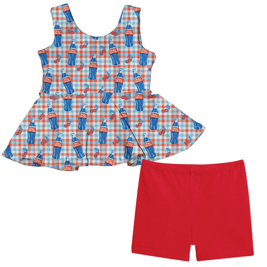 (Custom Design Preorder MOQ 5) Cherry Plaid Tunic Top Red Shorts Girls 4th of July Clothes Set