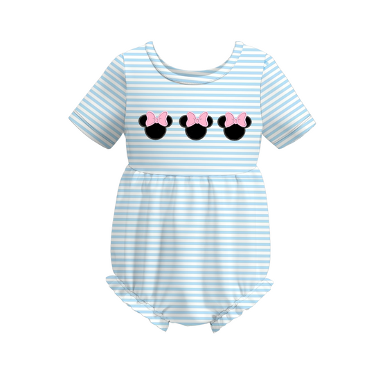 (Custom Design Preorder MOQ 5) Cartoon Mouse Blue Stripes Print Baby Girls Romper