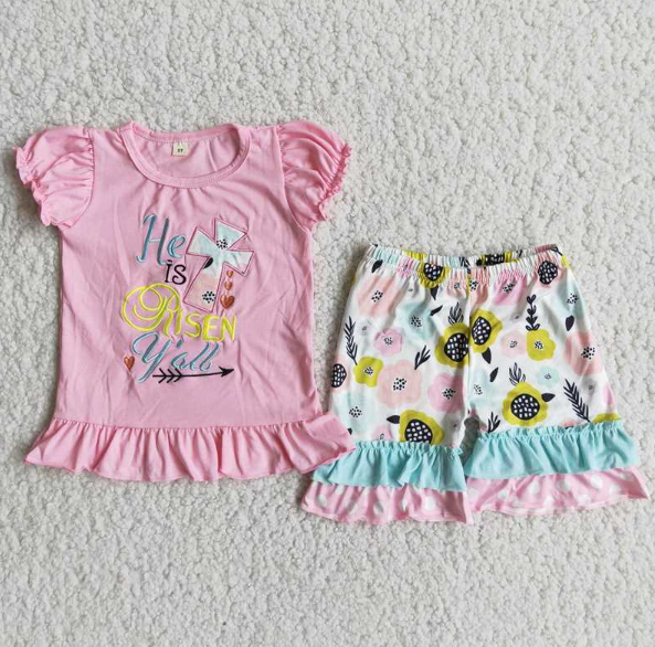 (Promotion)G5-6*/ Hi is Risen Y'all Cross Embroidery Flowers Girls Easter Outfits