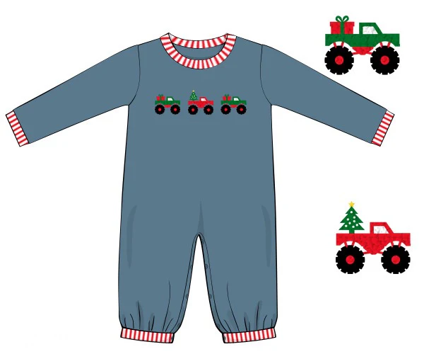 (Custom Design Preorder MOQ 5) Monster Truck Print Baby Boys Christmas Romper