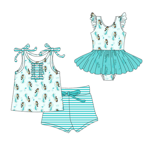 3.10(Custom Design Preorder MOQ 5 Each Design) Cartoon Princess Blue Print Girls Summer Matching Clothes Sisters Wear