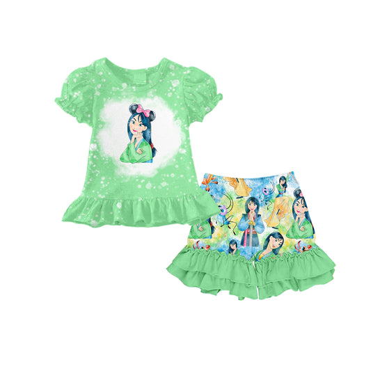 (Custom Design Preorder MOQ 5) Mulan Green Flowers Print Shorts Girls Summer Clothes Set