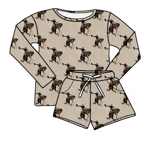 (Custom Design Preorder MOQ 5)  Rodeo Long Sleeve Top Shorts Kids Western Clothes Set