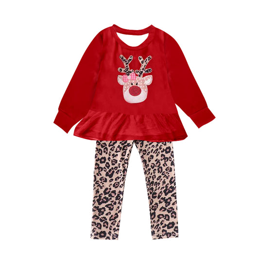 (Custom Design MOQ 5) Red Deer Tulle Ruffles Top Leopard Legging Pants Girls Christmas Clothes Set