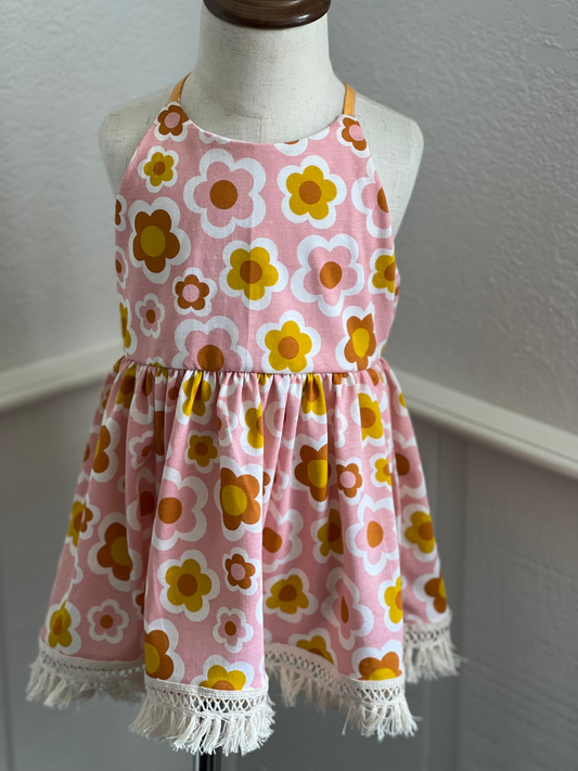 (Custom Design Preorder MOQ 5)  Pink Flowers Print Girls Knee Length Summer Dress