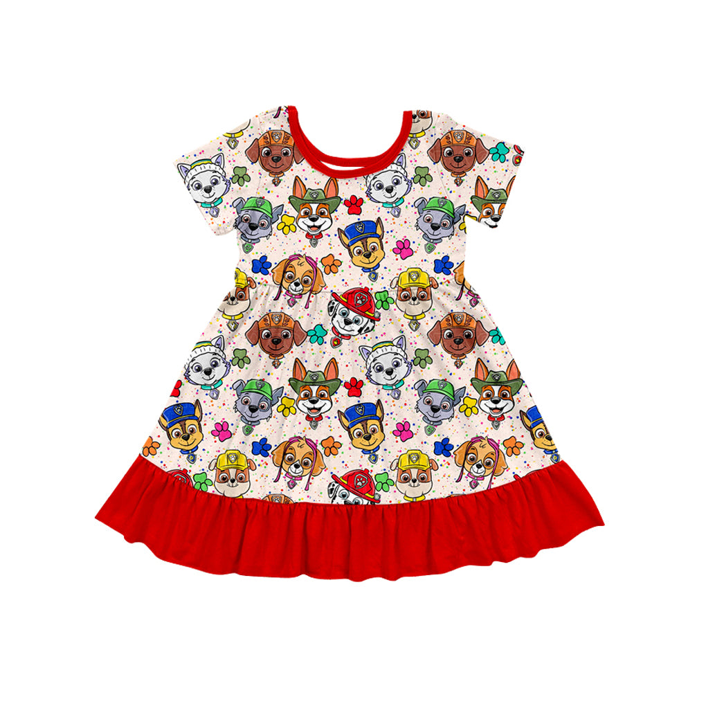 (Custom Design Preorder MOQ 5) Cartoon Dog Red Print Girls Knee Length Dress