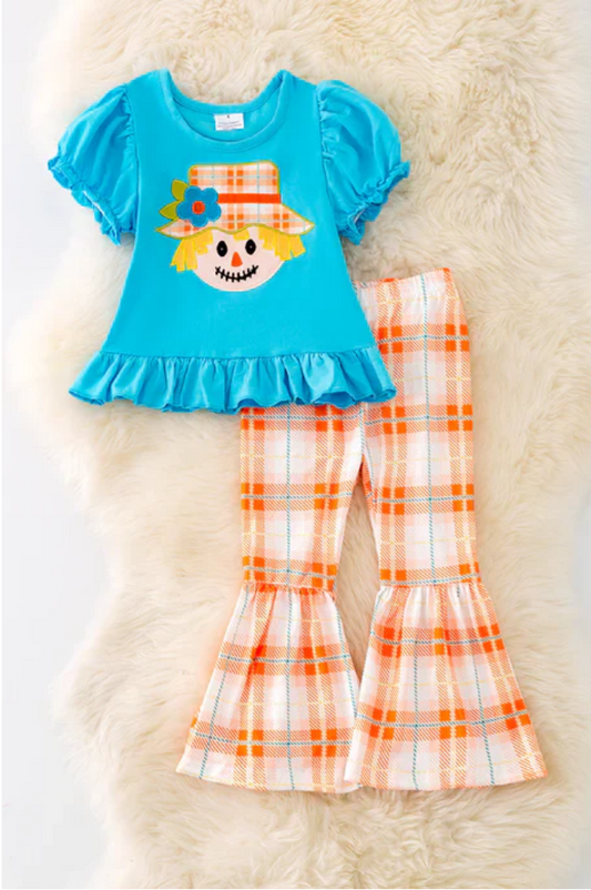 (Custom Design Preorder MOQ 5)  Scarecrow Blue Top Orange Plaid Pants Girls Fall Clothes Set