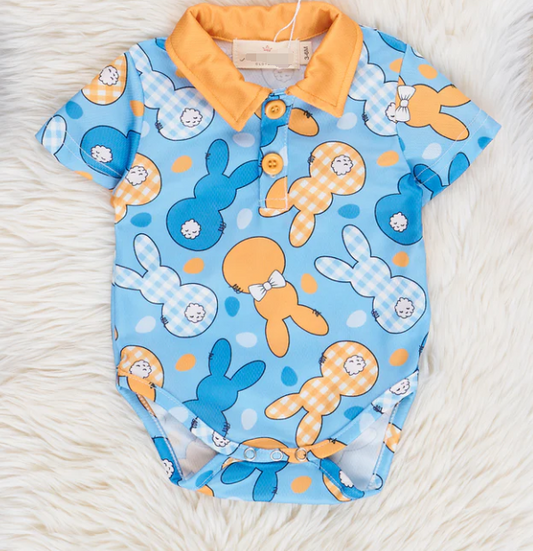 (Custom Design Preorder MOQ 5) Bunny Blue Print Baby Boys Easter Romper