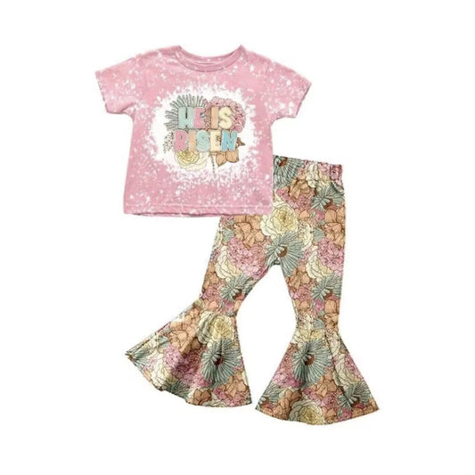 (Custom Design Preorder MOQ 5) He is Risen Flowers Print Girls Bell Pants Clothes Set