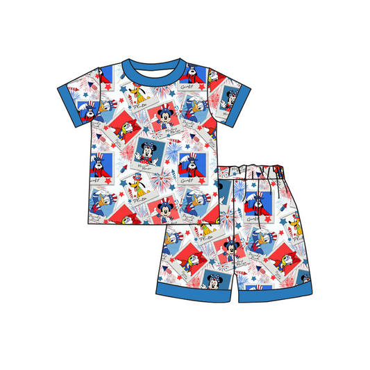 (Custom Design Preorder MOQ 5) Cartoon Mouse Fireworks Print Shorts Boys 4th of July Pajamas Clothes Set