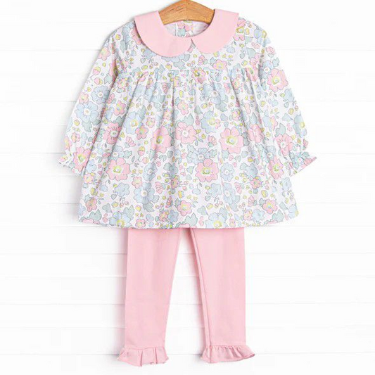 (Custom Design Preorder MOQ 5) Flowers Tunic Top Pink Pants Girls Fall Clothes Set