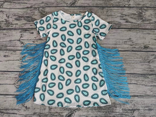 (Custom Design Preorder MOQ 5) Turquoise Print Tassel Girls Knee Length Summer Dress