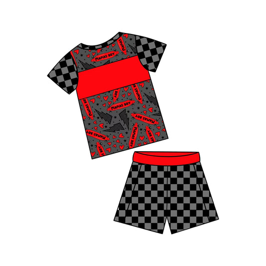3.10(Custom Design Preorder MOQ 5) MAMA'S BOY Top Black Plaid Shorts Boys Summer Clothes Set