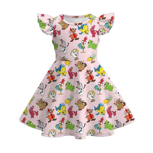 (Custom Design Preorder MOQ 5) Cartoon Animals Print Girls Summer Knee Length Dress