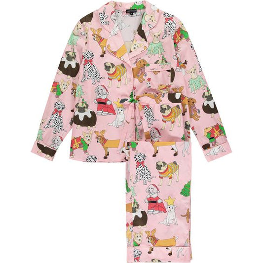 (Custom Design Preorder MOQ 5) Dog Holly Print Kids Christmas Buttons Pajamas Clothes Set