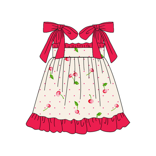 (Custom Design Preorder MOQ 5) Cherry Print Girls Knee Length Summer Dress