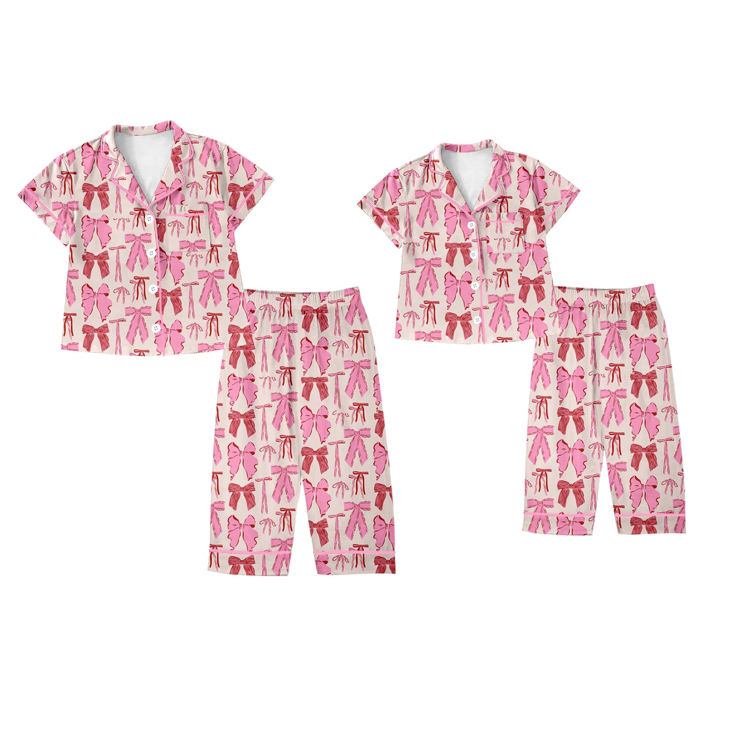 12.3(Custom Design Preorder MOQ 5 Each Design) Bows Pink Print Buttons Pajamas Sets Mom and Me Valentine's Day Matching Clothes