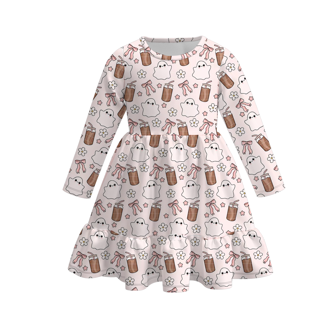 (Custom Design Preorder MOQ 5) Ghost Bows Print Girls Knee Length Halloween Dress